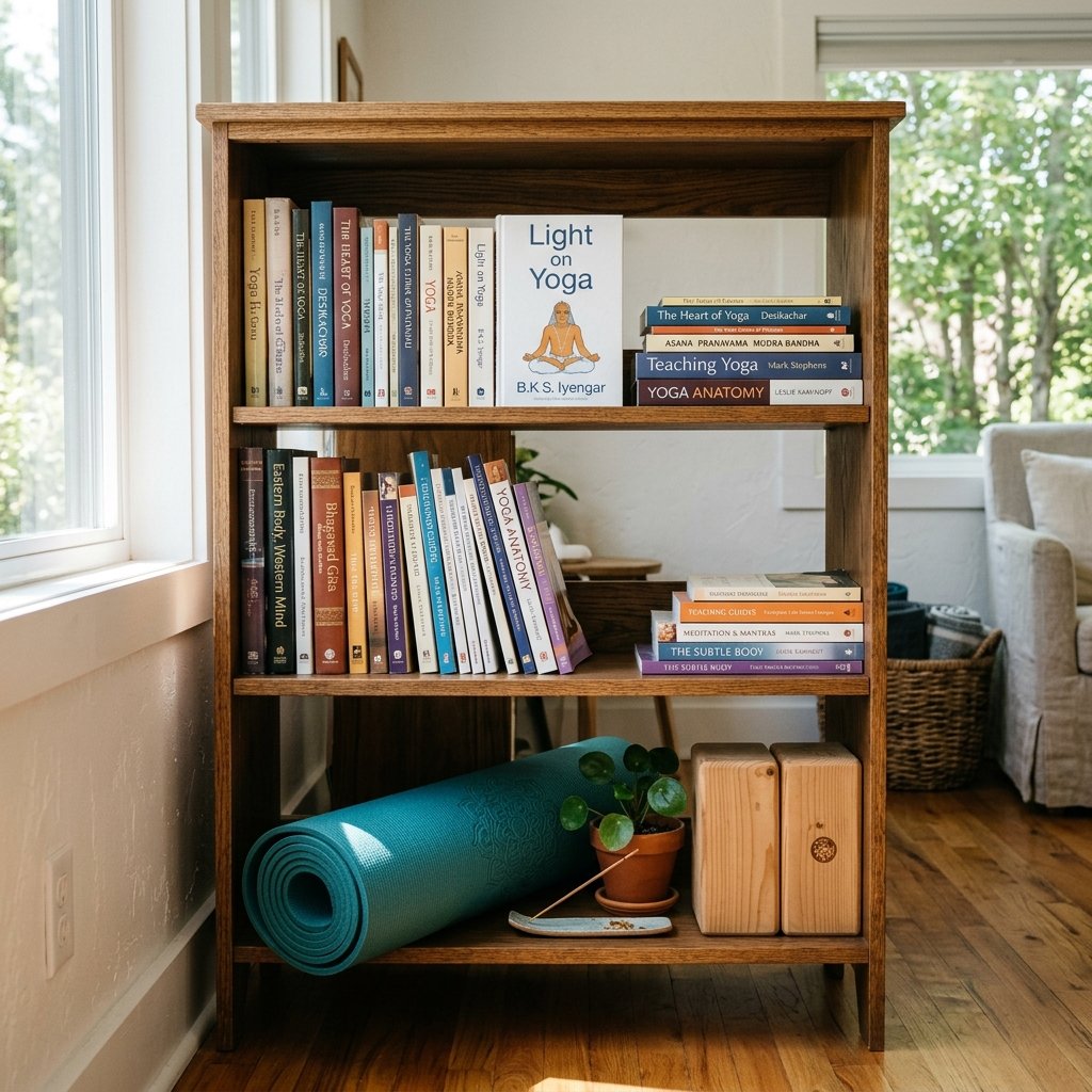 Shelf of yoga books and teaching props representing the courseware library