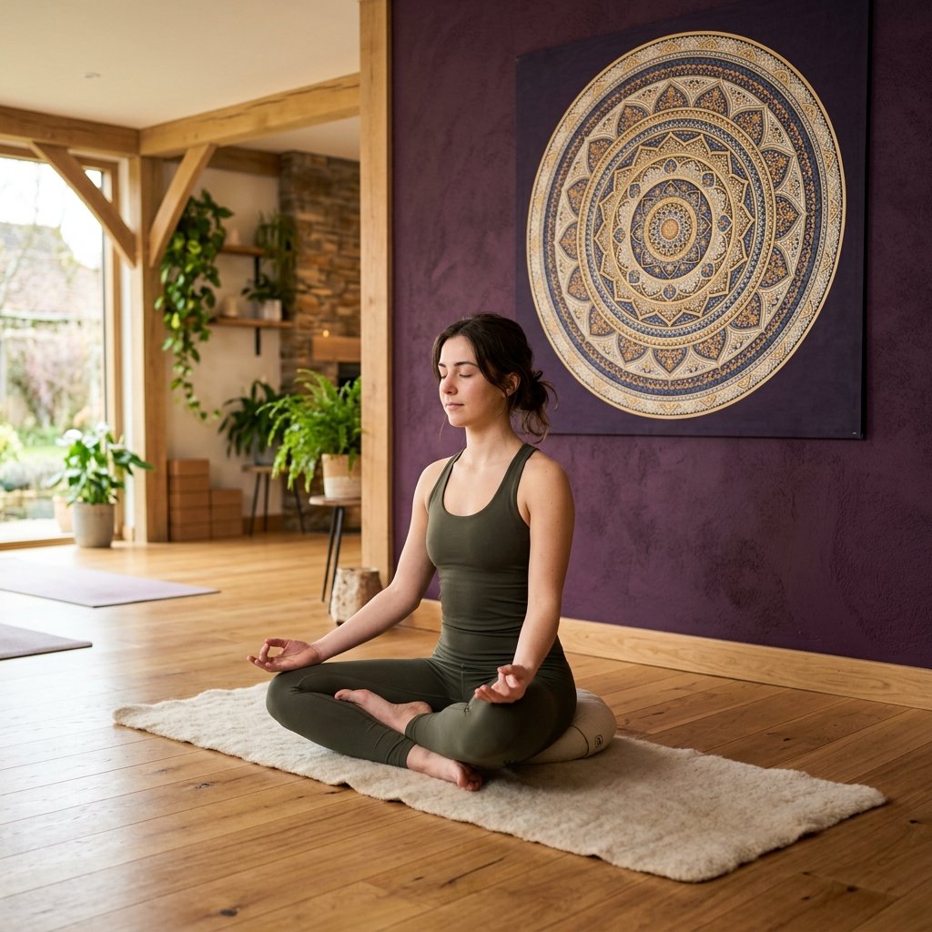 A person seated in pranayama pose with a mandala artwork poster behind them