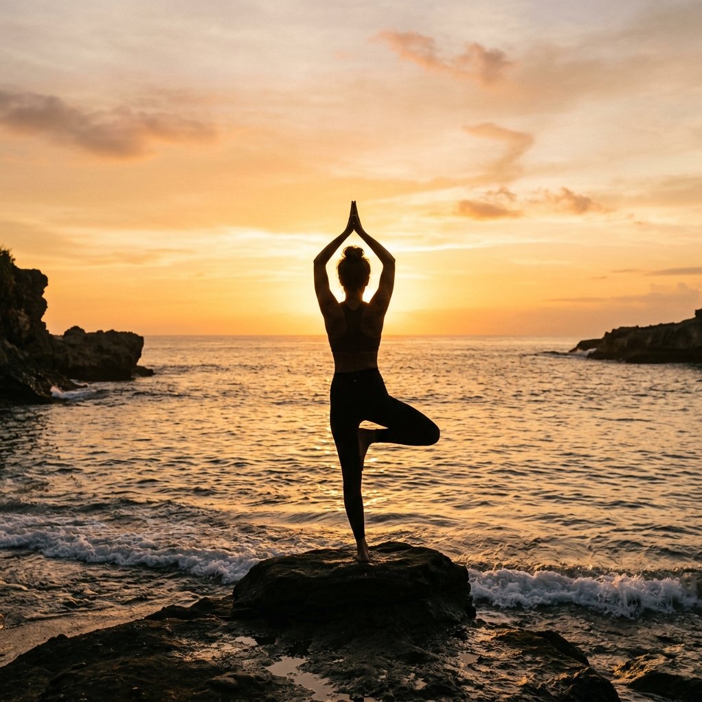 Silhouette of a person practicing yoga at sunrise with warm golden light